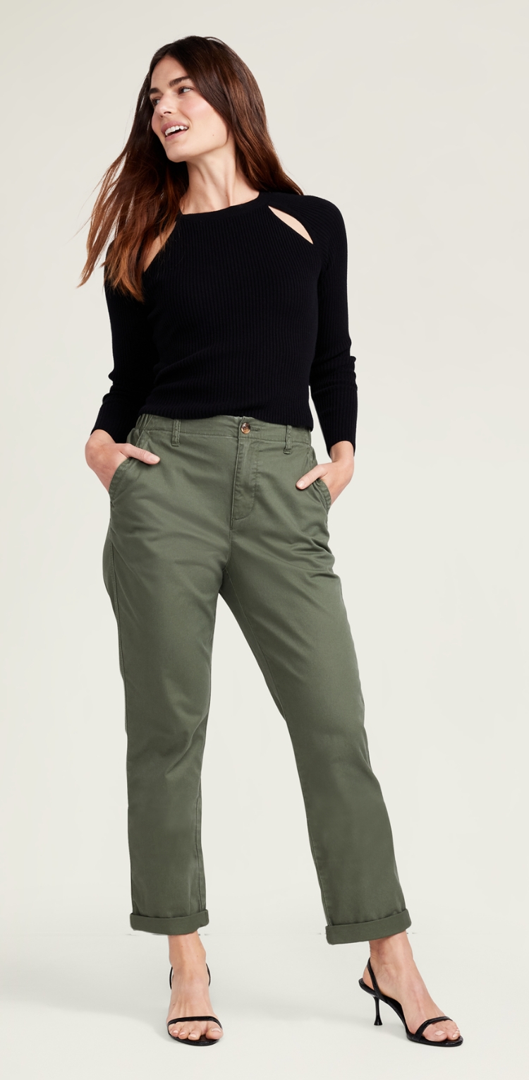 A female model wearing olive green straight style pants with white block print on the calves.