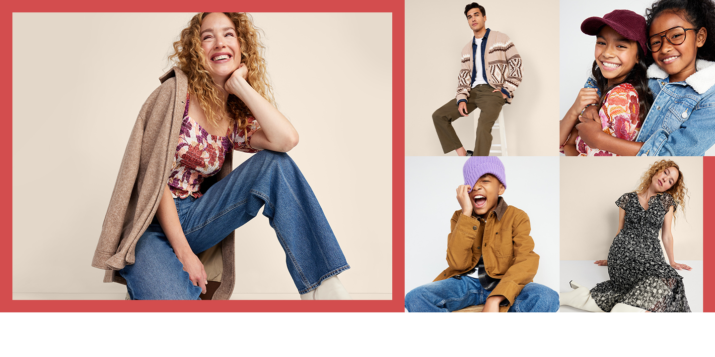 A family of Old Navy models wear an array of fall sale looks.