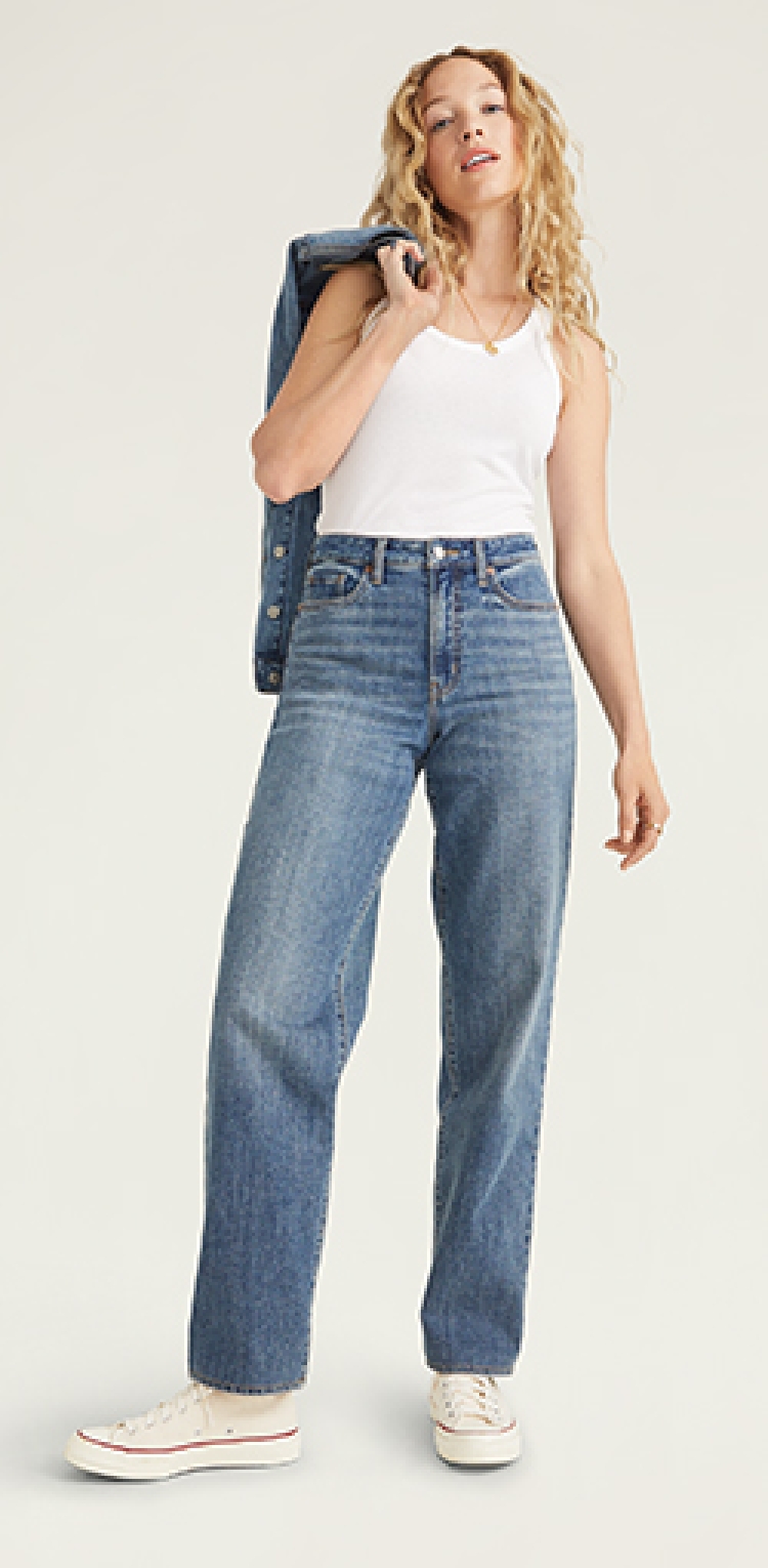 A relaxed loose fit medium wash jean.