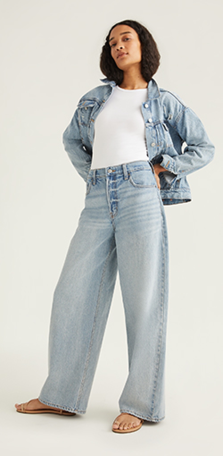 A light wash oversized wide leg jean.