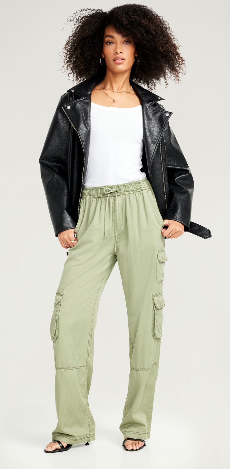 A female model wearing high-waisted sleektech cargo pants.