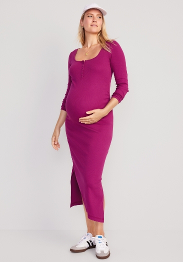 A female model wearing purple Maternity Long Sleeve Henley Bodycon Dress.