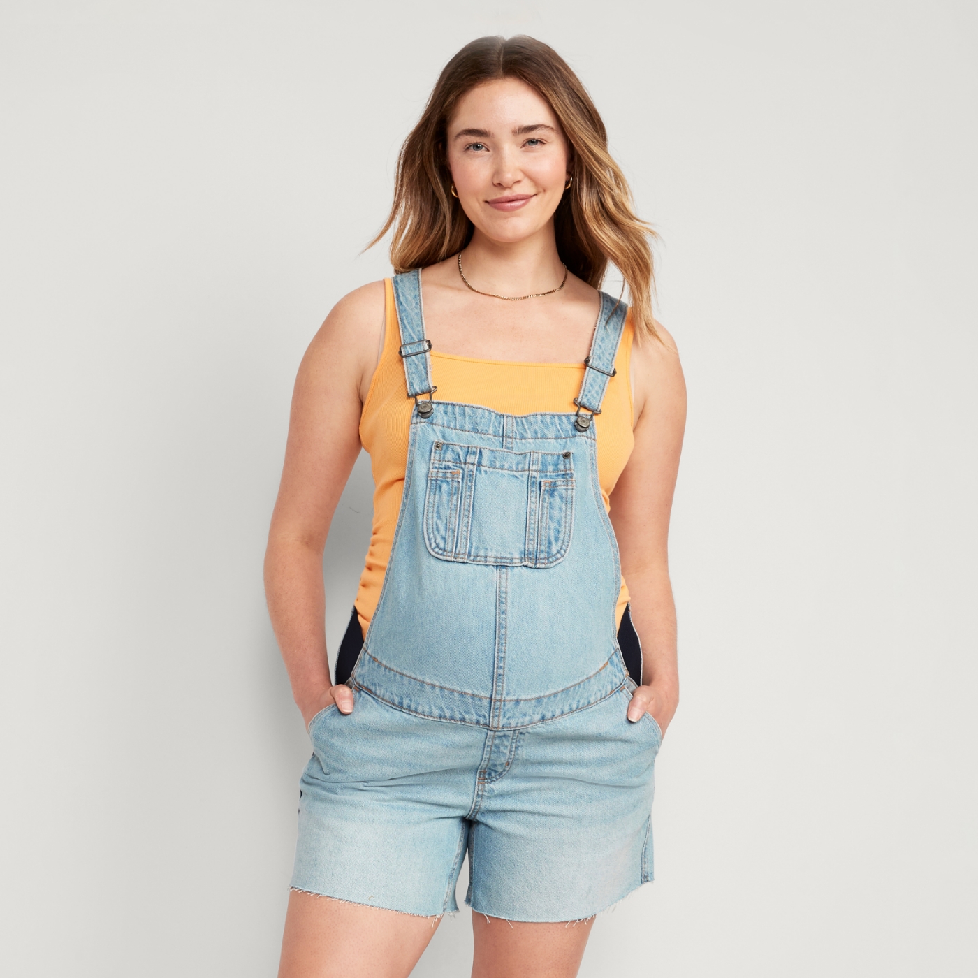 Maternity shorts overalls in light wash denim