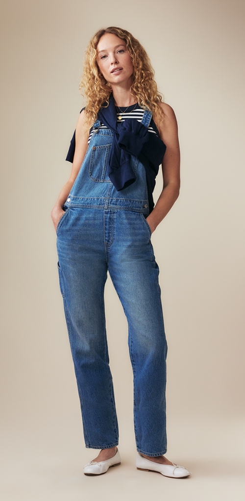 A pair of slouchy straight ankle jean overalls.
