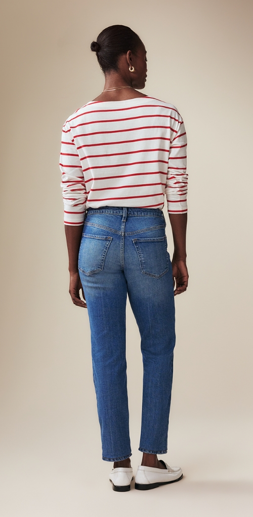 Women Navy Blue Hem Strap Neck Straight Jeans