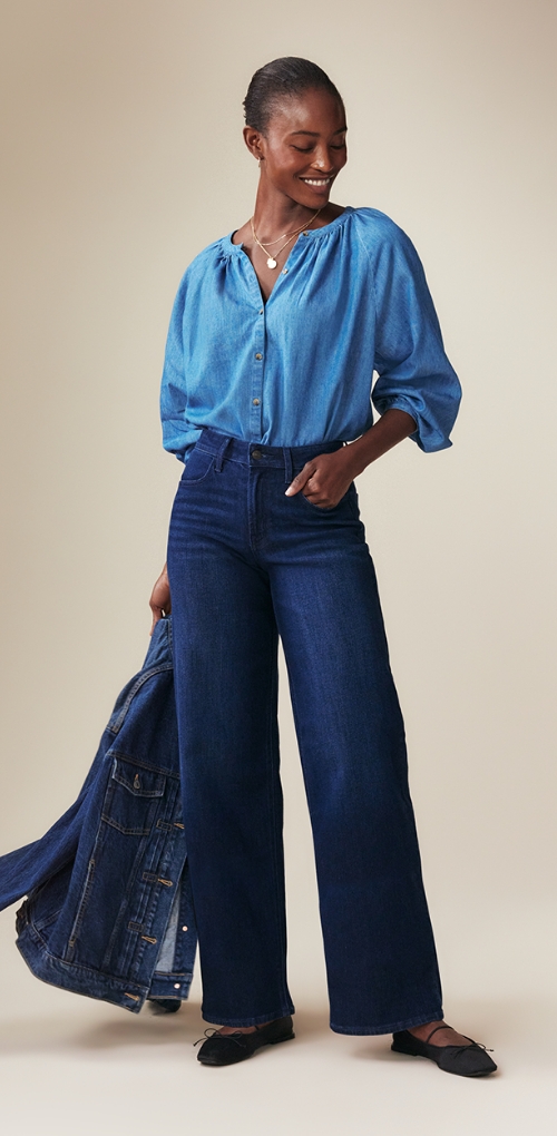 A pair of mid-rise dark washed wow wide leg jeans.