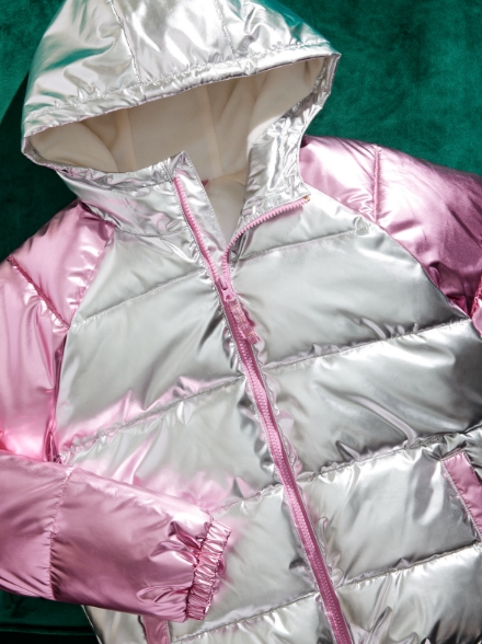 A girl's metallic puffer jacket.