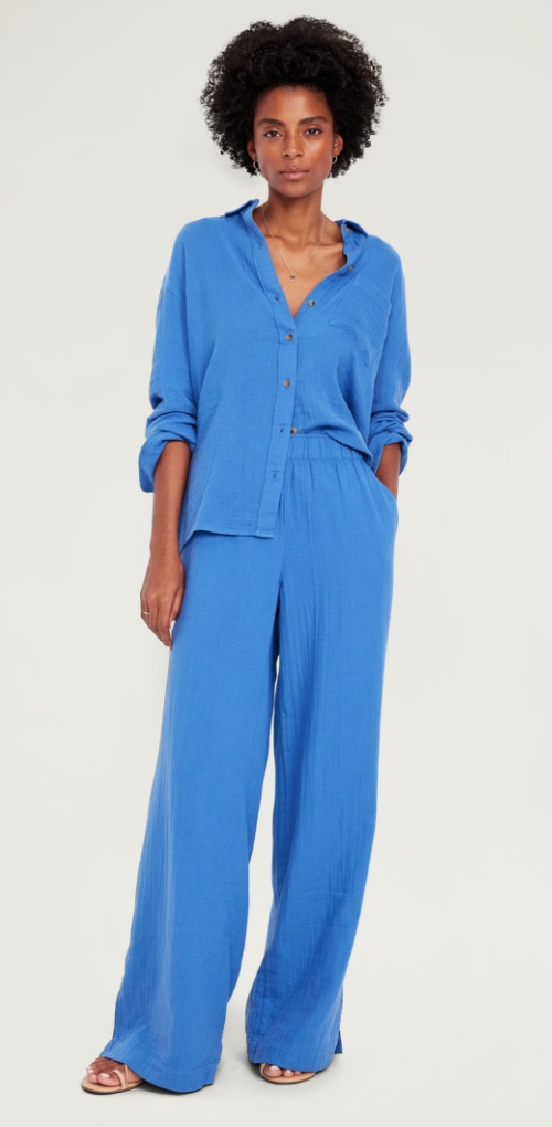 A high-waisted crinkle gauze wide leg pants and matching button down shirt.