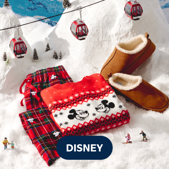 Image of Old Navy x Disney holiday collection sweater and pajamas.