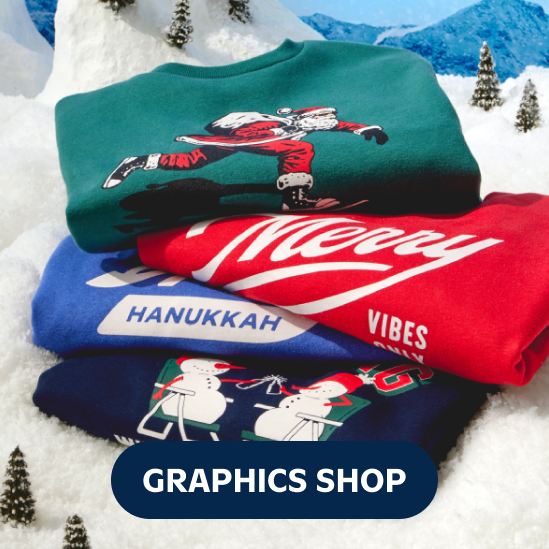 Image of a stack of Old Navy holiday graphic tees.