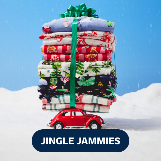 Image of a stack of Old Navy holiday family pajamas.